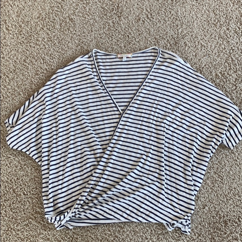 Navy and white loose V necked blouse